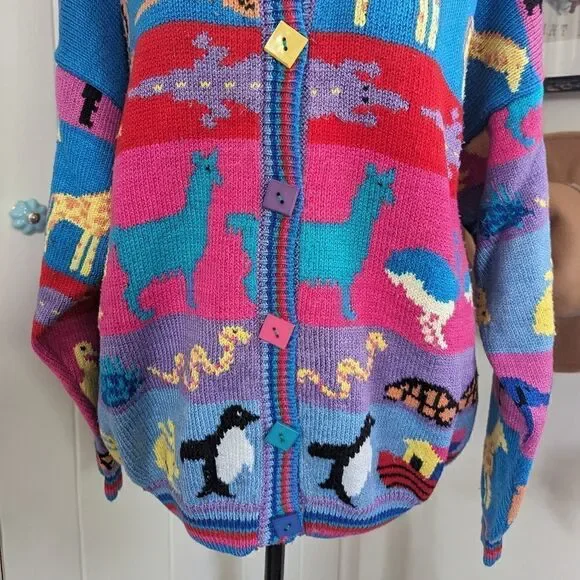 VTG Grannycore Christine Foley Noah’s Ark Cardigan Sweater Animals Circus 2 - Picture 5 of 10